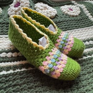 Hand-Knit Slipper Socks in Light Green and Pestles size medium